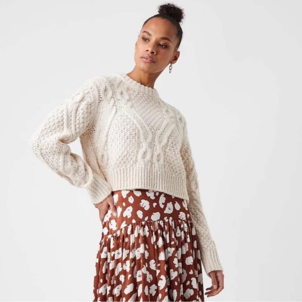 French Connection Cream Cropped Cable Knit Sweater